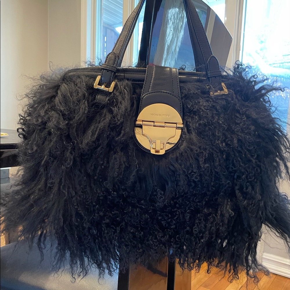 Michael kors fur trimmed leather handbag